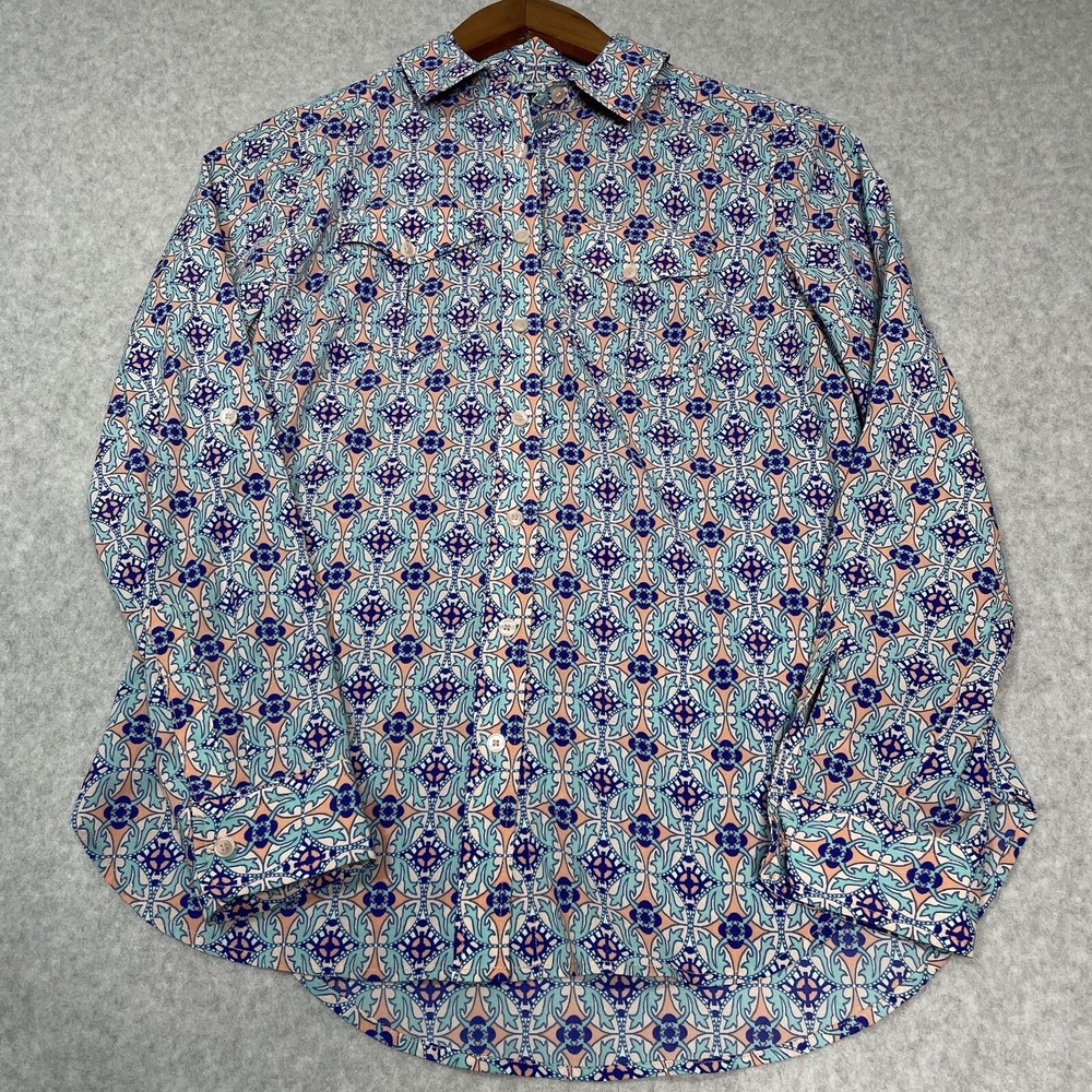 Talbots Button Up Shirt Petite Size Petite Blue Geometric Long Sleeve Roll Up PP